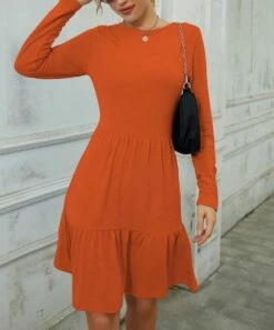 Best deal ✨ IZURIA Orange Long-Sleeve Ruffle-Hem Tiered A-Line 👗 Dress - 👩 Women 💯