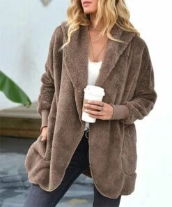 New 🎁 IZURIA Mocha Pocket Faux Fur Hooded Open Cardigan - 👩 Women ❤️