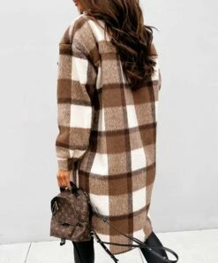Cheapest 🎉 IZURIA Brown & White Plaid Pocket Longline Button-Up Shacket - 👩 Women & Plus 💯 -IZURIA Sales Store zu100426212 alt 2 tm1634320142