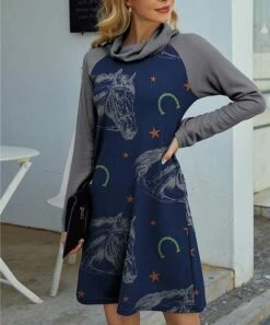 Promo 🤩 IZURIA Blue & Gray Horse Head Waffle-Knit Cowl Neck A-Line 👗 Dress - 👩 Women ✨