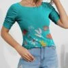 Coupon 👏 IZURIA Teal & Pink Floral Ruched-Sleeve Scoop Neck Top - 👩 Women 🎁