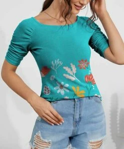 Coupon 👏 IZURIA Teal & Pink Floral Ruched-Sleeve Scoop Neck Top - 👩 Women 🎁