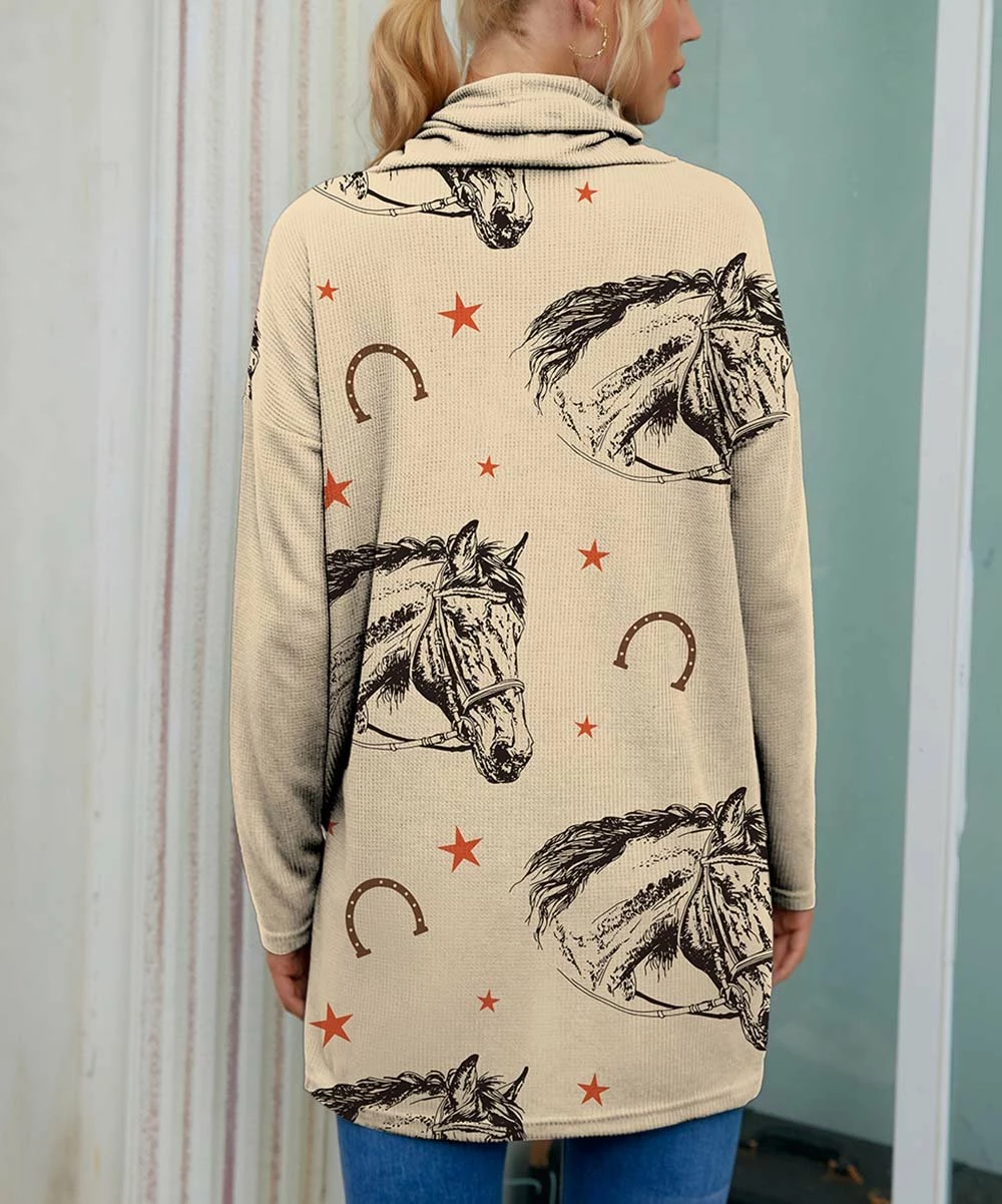 Buy π IZURIA Apricot & Black Horse Head Waffle-Knit Drawstring Cowl Neck Top - π© Women & Plus π 2 Buy π IZURIA Apricot & Black Horse Head Waffle-Knit Drawstring Cowl Neck Top - π© Women & Plus π - Image 2