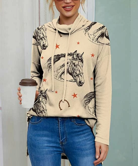 Buy π IZURIA Apricot & Black Horse Head Waffle-Knit Drawstring Cowl Neck Top - π© Women & Plus π 1 Buy π IZURIA Apricot & Black Horse Head Waffle-Knit Drawstring Cowl Neck Top - π© Women & Plus π