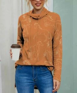Brand new 🌟 IZURIA Orange & Yellow Horse Waffle-Knit Drawstring Cowl Neck Top - 👩 Women 🛒