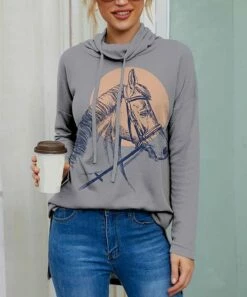 Discount π IZURIA Gray & Blue Horse Waffle-Knit Drawstring Cowl Neck Top - π© Women π§¨