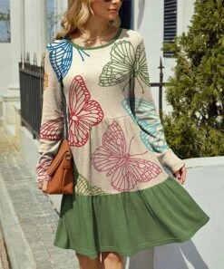 Best Pirce 🔔 IZURIA Apricot & Green Butterfly Waffle-Knit Drop-Waist 👗 Dress - 👩 Women 🌟