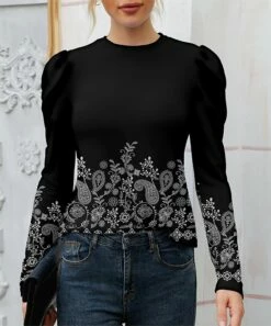 Top 10 🛒 IZURIA Black & White Paisley Crewneck Puff-Sleeve Top - 👩 Women ✨