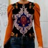 Flash Sale 🎁 IZURIA Black & Orange Damask Crewneck Puff-Sleeve Top - 👩 Women 👍