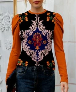 Flash Sale π IZURIA Black & Orange Damask Crewneck Puff-Sleeve Top - π© Women π