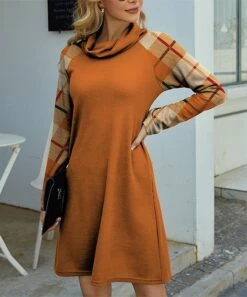 Flash Sale 🔔 IZURIA Orange & Khaki Plaid Waffle-Knit Cowl Neck A-Line 👗 Dress - 👩 Women 💯