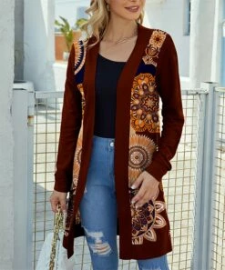Discount 🛒 IZURIA Brown & Orange Medallion Waffle-Knit Longline Open Cardigan - 👩 Women 🎁