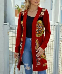 Cheap 💯 IZURIA Red & Yellow Medallion Waffle-Knit Longline Open Cardigan - Plus ⌛