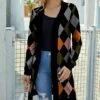 Hot Sale ⭐ IZURIA Black & Gray Argyle Waffle-Knit Longline Open Cardigan - 👩 Women & Plus 🔥