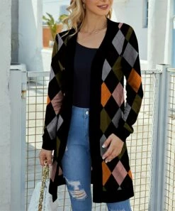 Hot Sale ⭐ IZURIA Black & Gray Argyle Waffle-Knit Longline Open Cardigan - 👩 Women & Plus 🔥