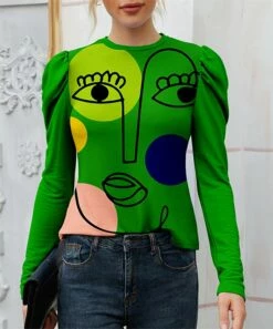 Deals ✔️ IZURIA Green Abstract Face Crewneck Puff-Sleeve Top - 👩 Women 👍