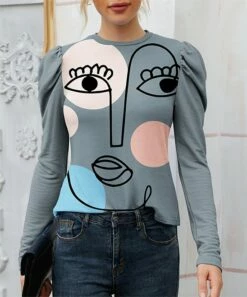 Best Pirce 💯 IZURIA Gray Abstract Face Crewneck Puff-Sleeve Top - Plus 🔔