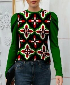 Wholesale ✨ IZURIA Green & Red Medallion Floral Crewneck Puff-Sleeve Top - 👩 Women 🎉