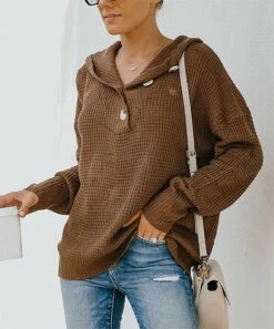 Cheap 👍 IZURIA Brown Waffle-Knit Hooded Button-Front Sweater - 👩 Women ✨
