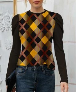 Deals ⭐ IZURIA Black & Yellow Plaid Mutton-Sleeve Crewneck Top - 👩 Women 😍