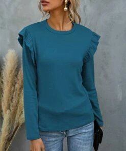Deals 👏 IZURIA Blue Ruffle-Shoulder Long-Sleeve Top - Plus 👍