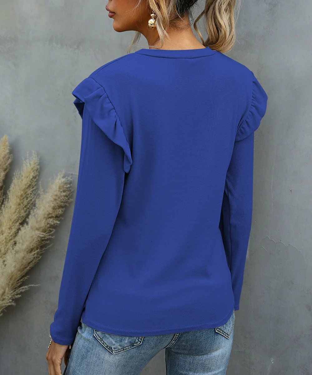 Best Pirce β€οΈ IZURIA Royal Blue Long-Sleeve Ruffle Detail Crewneck Top - Plus π 2 Best Pirce β€οΈ IZURIA Royal Blue Long-Sleeve Ruffle Detail Crewneck Top - Plus π - Image 2