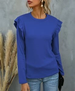 Best Pirce ❤️ IZURIA Royal Blue Long-Sleeve Ruffle Detail Crewneck Top - Plus 😍