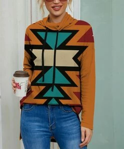 Best Sale ⭐ IZURIA Orange & Teal Geometric Cowl Neck Drawstring Hi-Low Top - 👩 Women 🎉