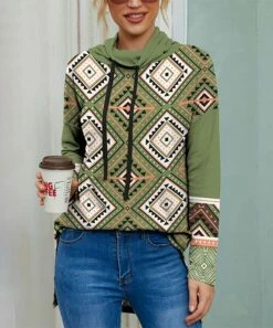 Budget 🎁 IZURIA Green & White Geometric Cowl Neck Drawstring Hi-Low Top - 👩 Women 🎉