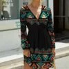 Brand new 🧨 IZURIA Black & Teal Geometric Long-Sleeve Surplice 👗 Dress - 👩 Women 🌟