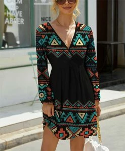 Brand new 🧨 IZURIA Black & Teal Geometric Long-Sleeve Surplice 👗 Dress - 👩 Women 🌟