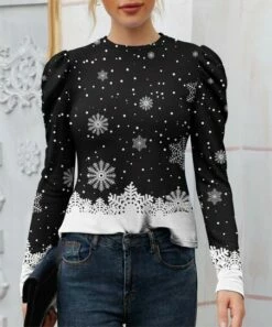 Flash Sale 👍 IZURIA Black & White Ombré Snowflakes Puff-Sleeve Top - 👩 Women 😍