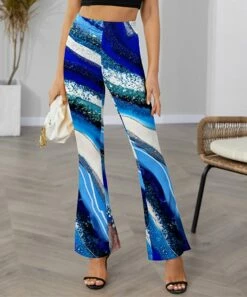 Cheap 🎉 IZURIA Blue & White Marble High-Waist Flare Pants - 👩 Women 🔔