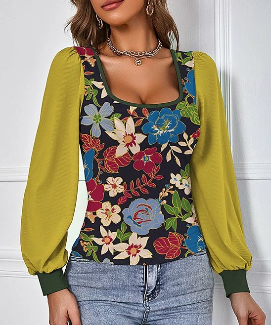 Discount π IZURIA Yellow & Red Floral Bishop-Sleeve Scoop Neck Top - Plus π€© 1 Discount π IZURIA Yellow & Red Floral Bishop-Sleeve Scoop Neck Top - Plus π€©