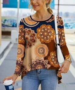 Hot Sale 🤩 IZURIA Brown & Yellow Mandala Hi-Low Long-Sleeve Tunic - 👩 Women 🔥