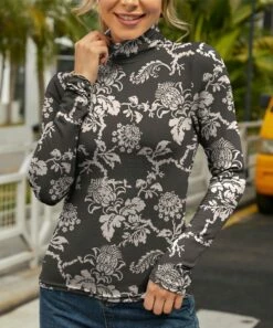 Top 10 🎁 IZURIA Gray Classic Damask Long-Sleeve Turtleneck Top - 👩 Women 👏