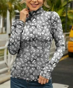 Budget ⭐ IZURIA Gray & White Leopard Long-Sleeve Turtleneck Top - 👩 Women ✨