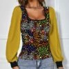 New 😀 IZURIA Yellow & Green Floral Bishop-Sleeve Square Neck Top - 👩 Women 🌟