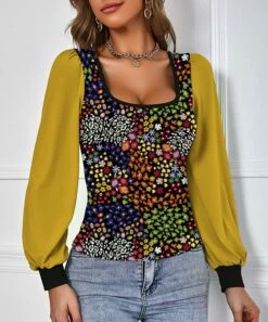 New 😀 IZURIA Yellow & Green Floral Bishop-Sleeve Square Neck Top - 👩 Women 🌟