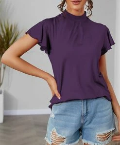 Hot Sale 🛒 IZURIA Purple Mock Neck Flutter-Sleeve Top - 👩 Women ⌛