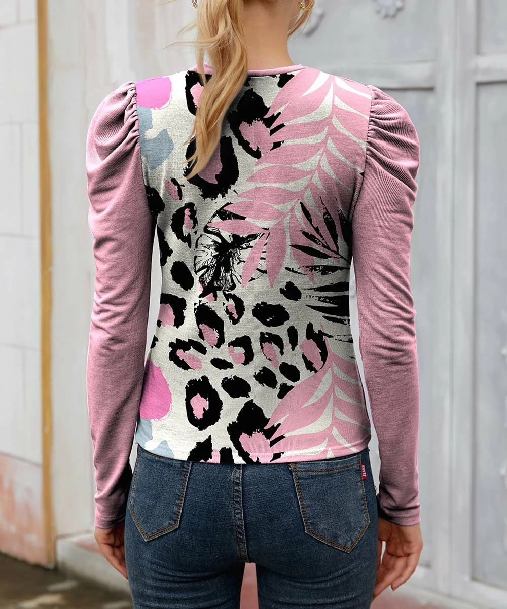 Cheapest π IZURIA Pink & Black Leopard Floral Mutton Sleeve Crewneck Top - π© Women & Plus π 2 Cheapest π IZURIA Pink & Black Leopard Floral Mutton Sleeve Crewneck Top - π© Women & Plus π - Image 2