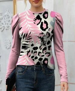 Cheapest 🔔 IZURIA Pink & Black Leopard Floral Mutton Sleeve Crewneck Top - 👩 Women & Plus 🌟