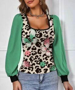 Buy 👏 IZURIA Seafoam & Black Leopard Floral Bishop-Sleeve Square Neck Top - 👩 Women 👍