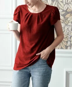 Promo 🤩 IZURIA Red Waffle-Knit Gathered-Neck Tulip-Sleeve Tee - 👩 Women 🔥