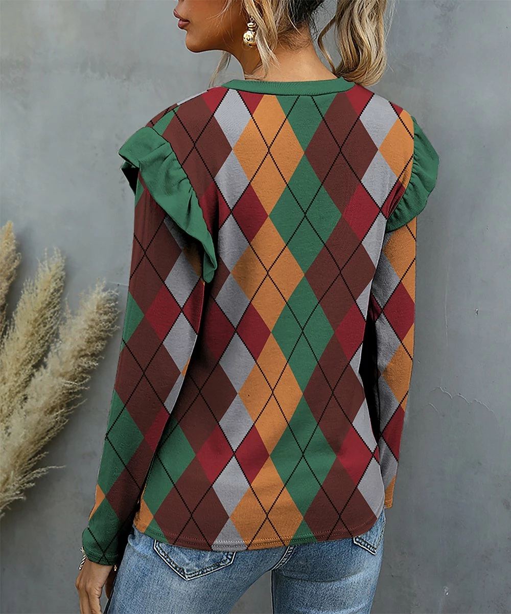 Best Sale π₯° IZURIA Green & Orange Argyle Ruffle Long-Sleeve Crewneck Top - π© Women βοΈ 2 Best Sale π₯° IZURIA Green & Orange Argyle Ruffle Long-Sleeve Crewneck Top - π© Women βοΈ - Image 2