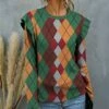 Best Sale 🥰 IZURIA Green & Orange Argyle Ruffle Long-Sleeve Crewneck Top - 👩 Women ✔️