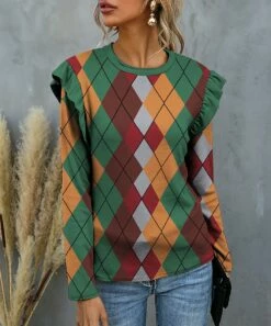 Best Sale 🥰 IZURIA Green & Orange Argyle Ruffle Long-Sleeve Crewneck Top - 👩 Women ✔️