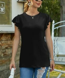 Brand new 😍 IZURIA Black Crewneck Flutter-Sleeve Top - 👩 Women 😀