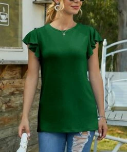 Best Sale 👏 IZURIA Dark Green Butterfly-Sleeve Crewneck Top - 👩 Women 🔔