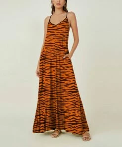 Wholesale ⌛ IZURIA Orange & Coffee Zebra Pocket Sleeveless Maxi 👗 Dress - 👩 Women 🛒